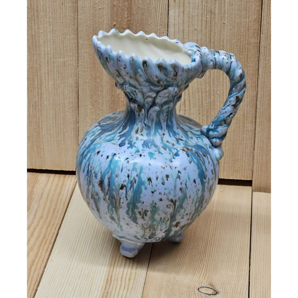 Vintage Mid Century Modern Blue Ceramic Handled Ewer Pitcher Vase w/ Drip Glaze